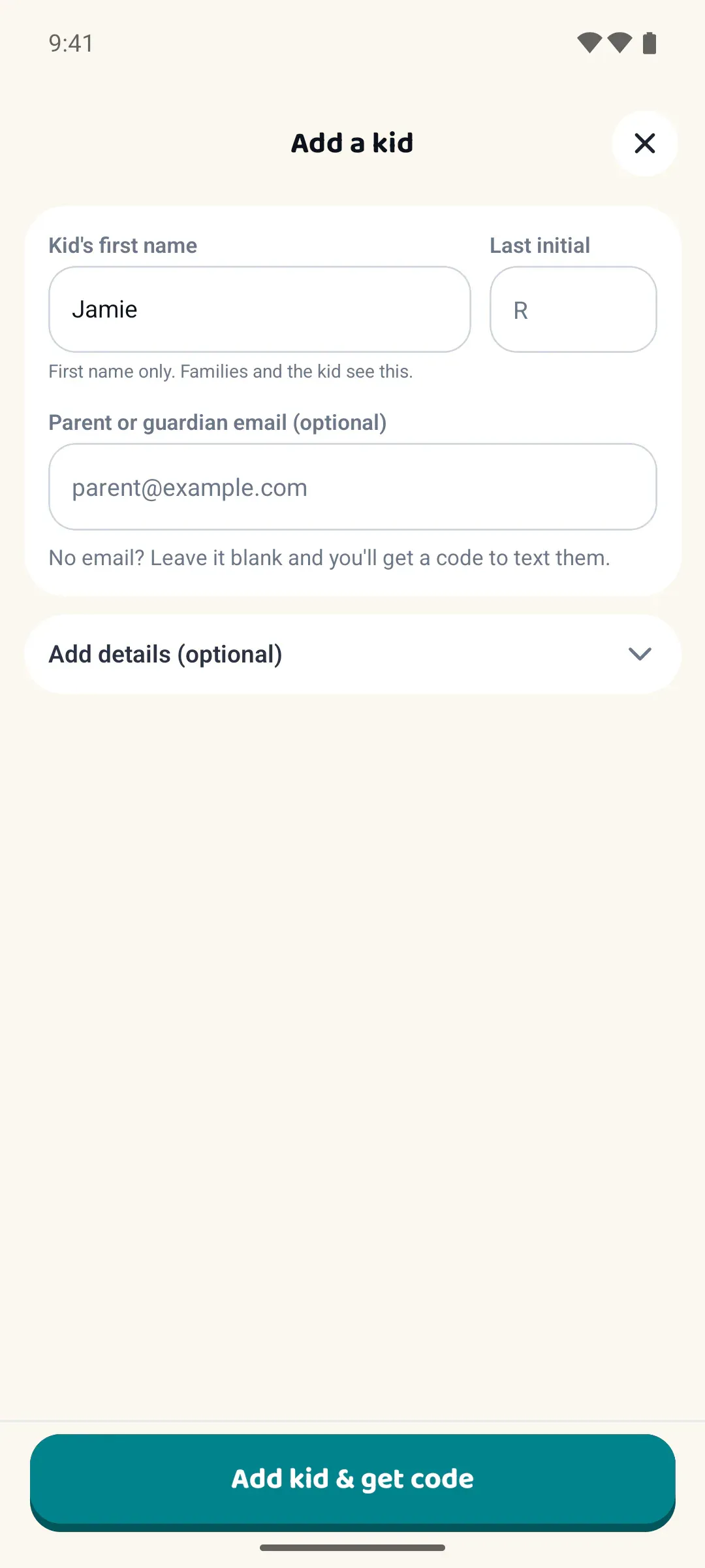 The Add a kid form with a first name typed in and the Add kid & get code button