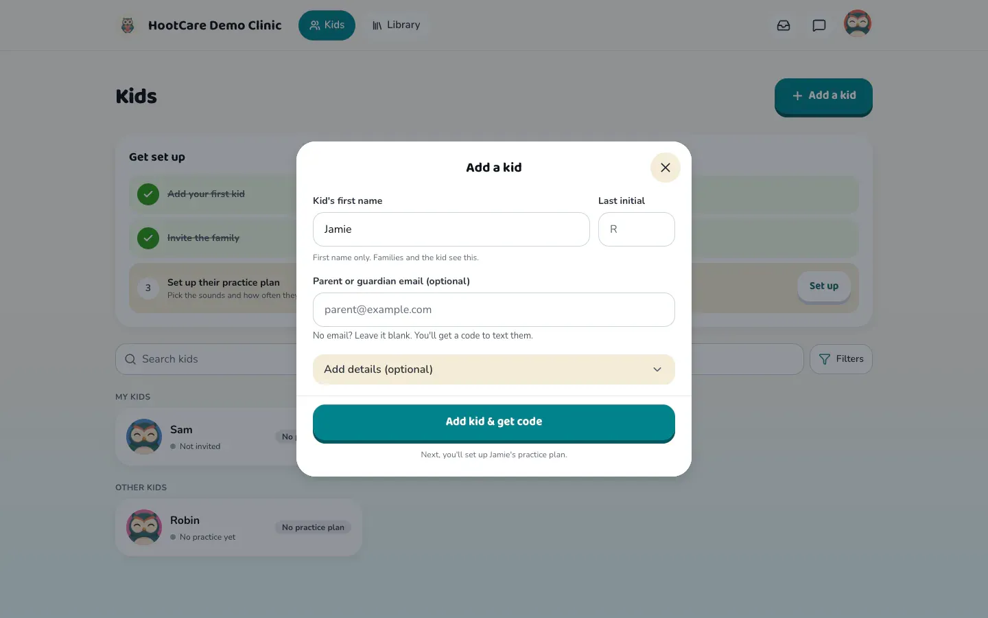 The Add a kid window with a first name typed in and the Add kid & get code button