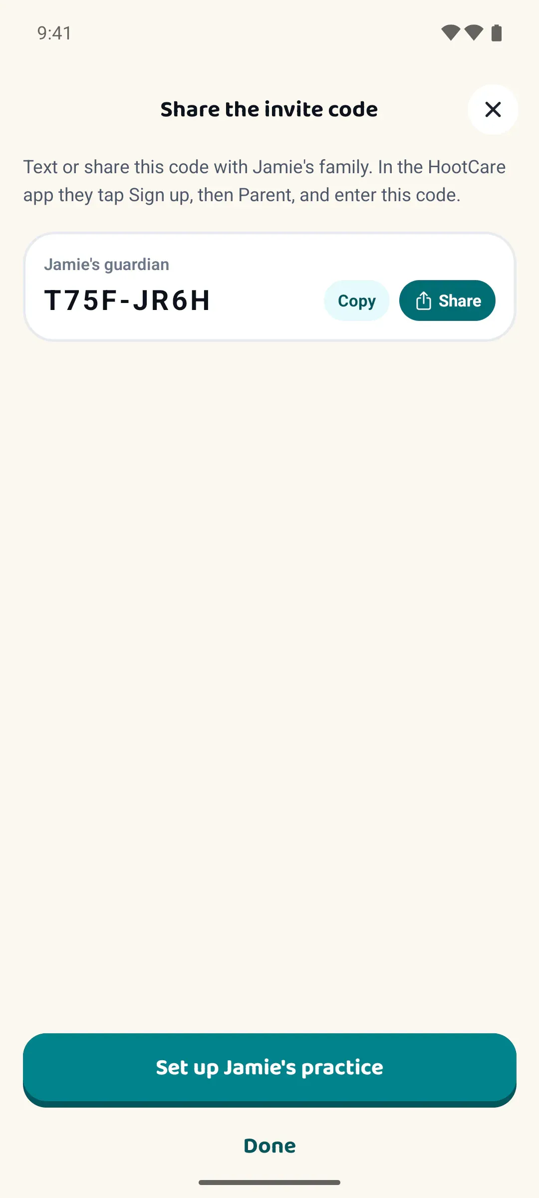 The Share the invite code sheet with the code and its Copy and Share buttons