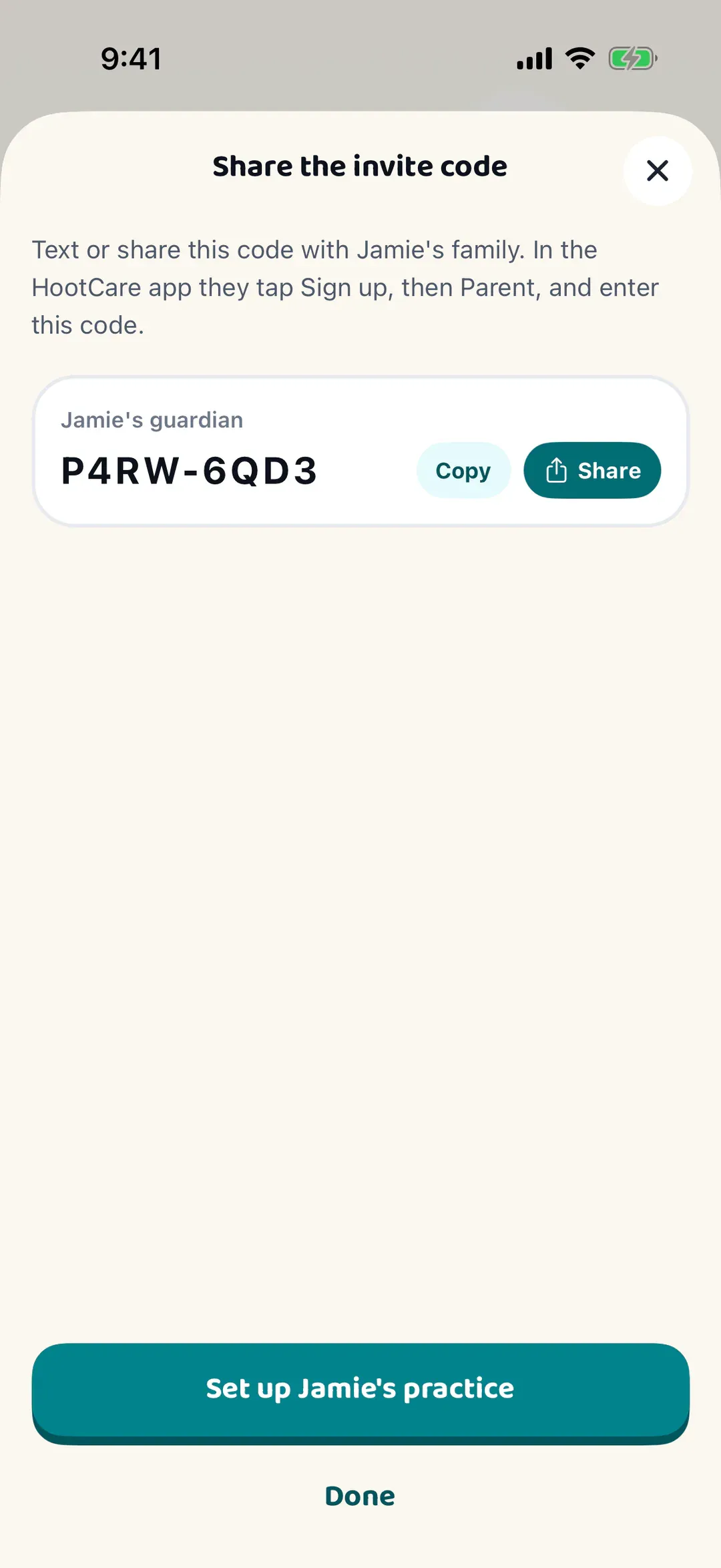 The Share the invite code sheet with the code and its Copy and Share buttons