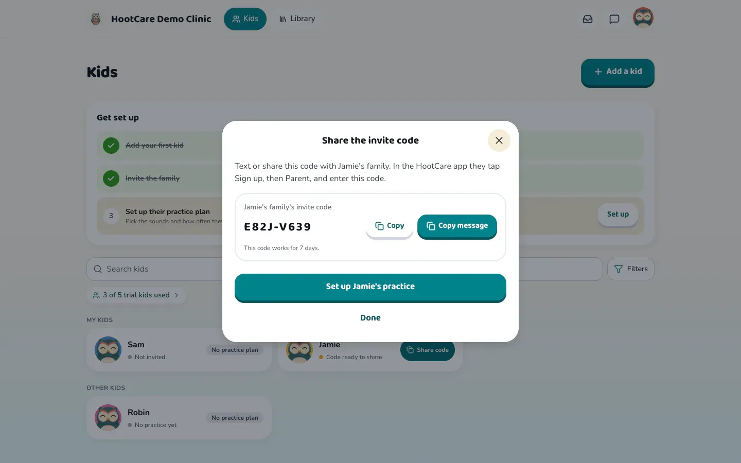 The Share the invite code window with the code and its Copy and Copy message buttons