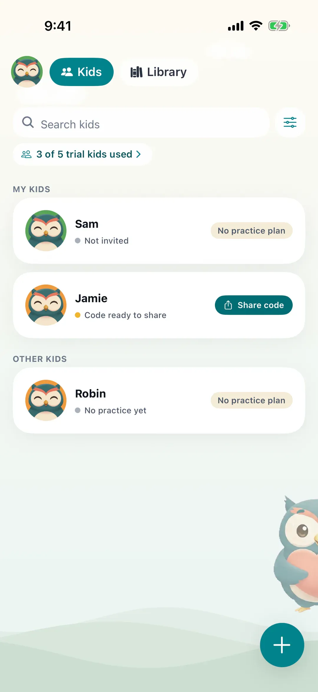 The Kids list with a Share code button on the new kid's row